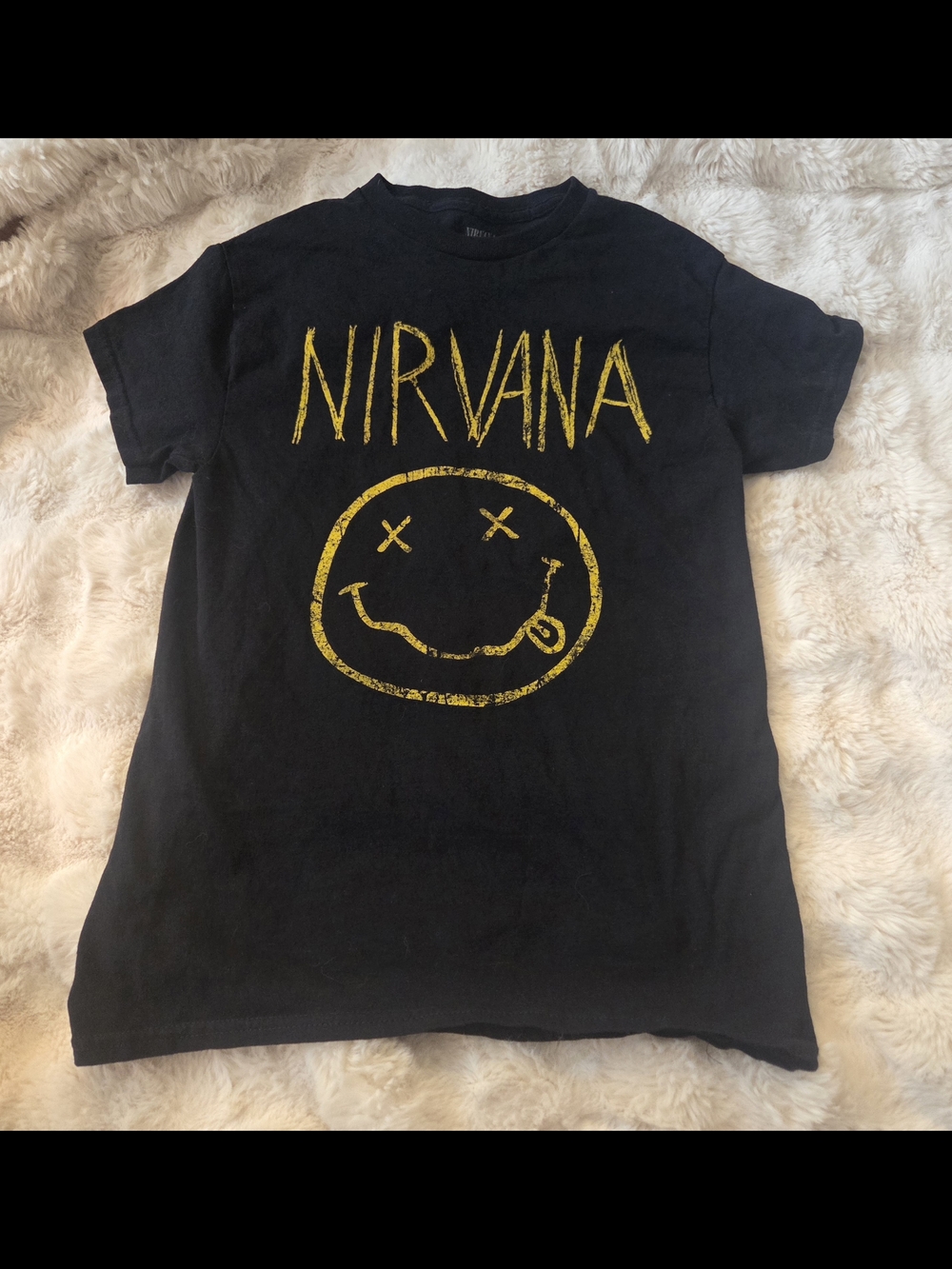 Nirvana Black Tee with Yellow Smiley Logo Womens S